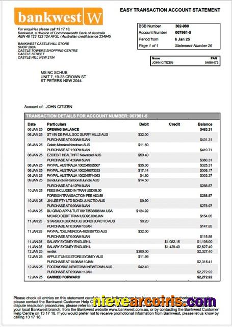 Australia Bankwest account statement Word and PDF